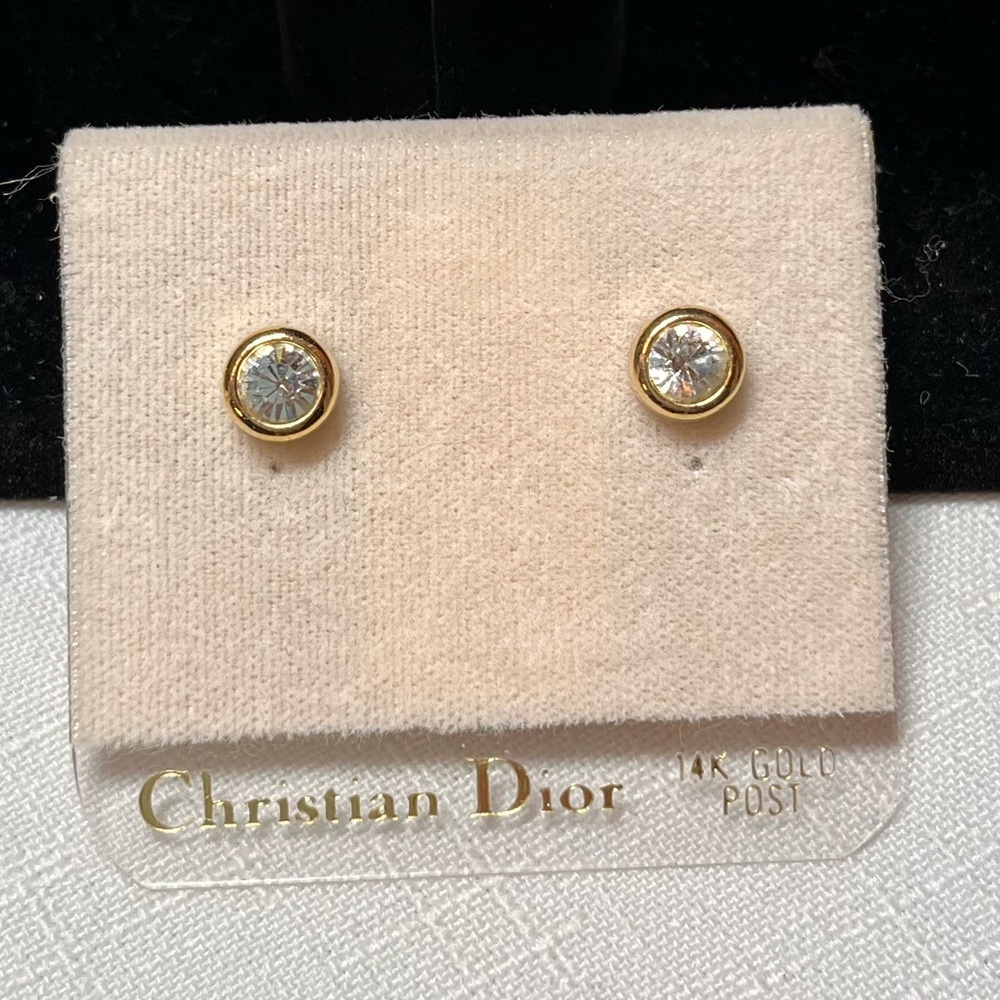 Dior Gold tone and Crystal Earrings. New. Classic. Bezel set. 14K posts